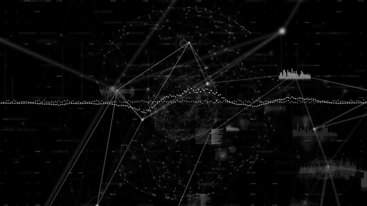 Animation of network of connections with icons in digital black and blue space