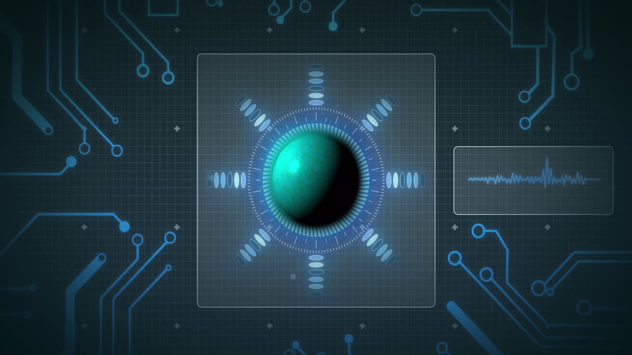 Animation of globe, circuit board, data processing over grid