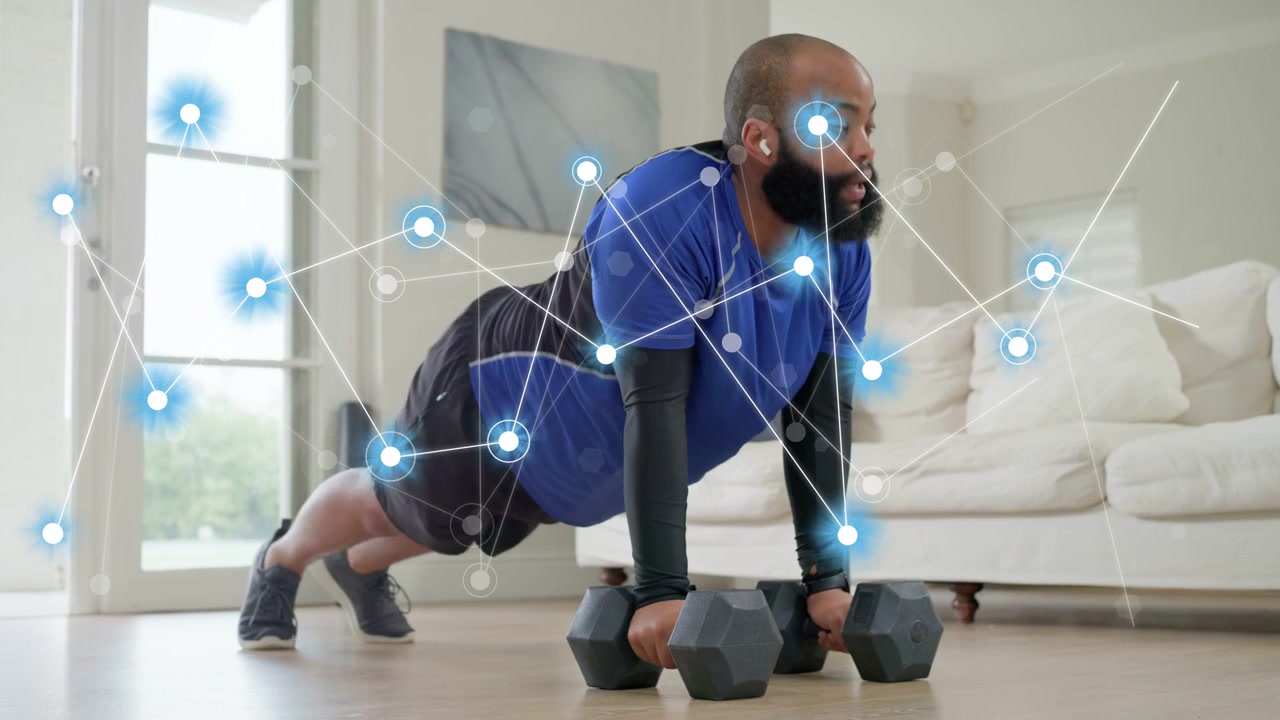 Homme en position de planche et commençant des tirages haltères, un réseau de nœuds bleus apparaissant et suivant les métriques de fitness.