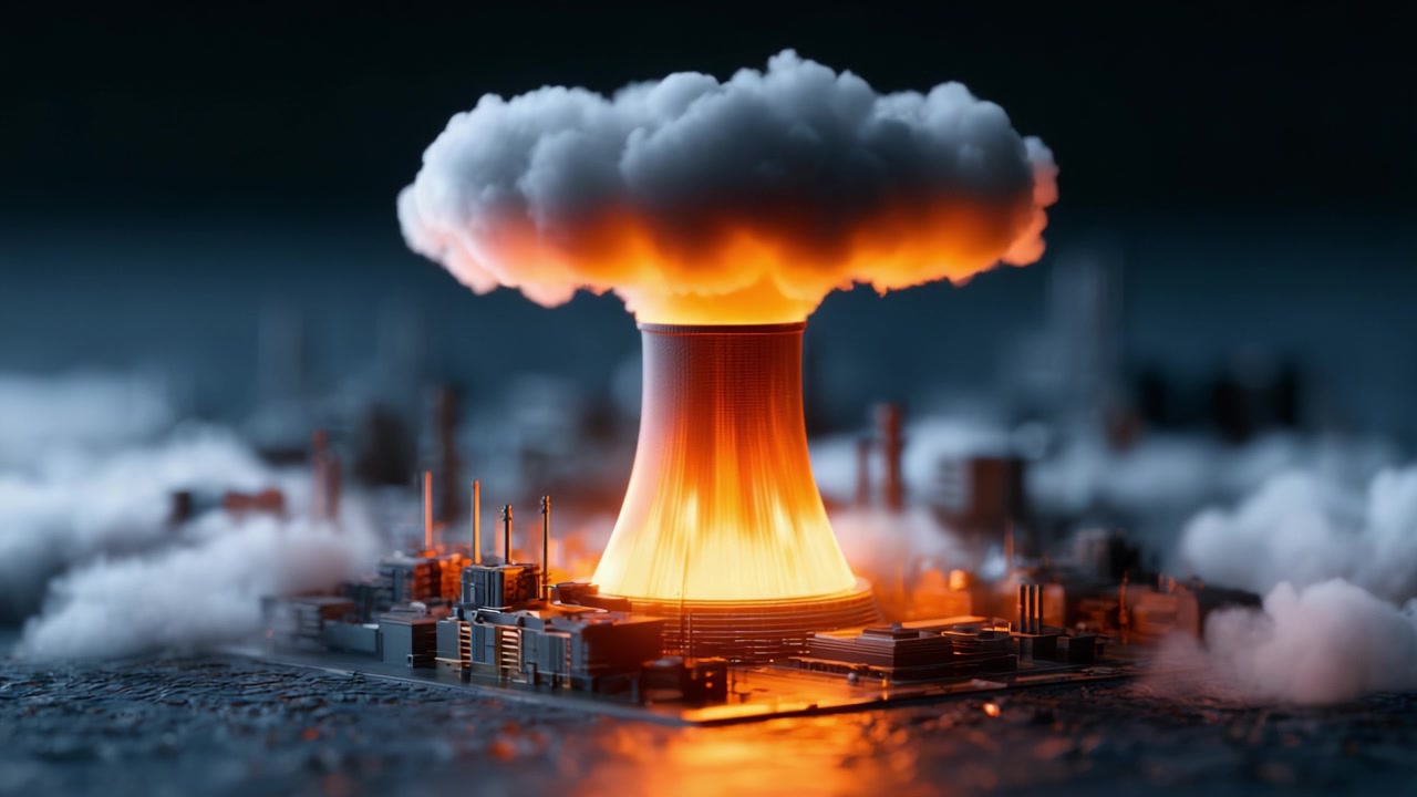A Powerful Eruption: The Spectacle of a Massive Explosion Surging from a Nuclear Reactor, Emanating Bright Flames and Thick Clouds in an Industrial Landscape