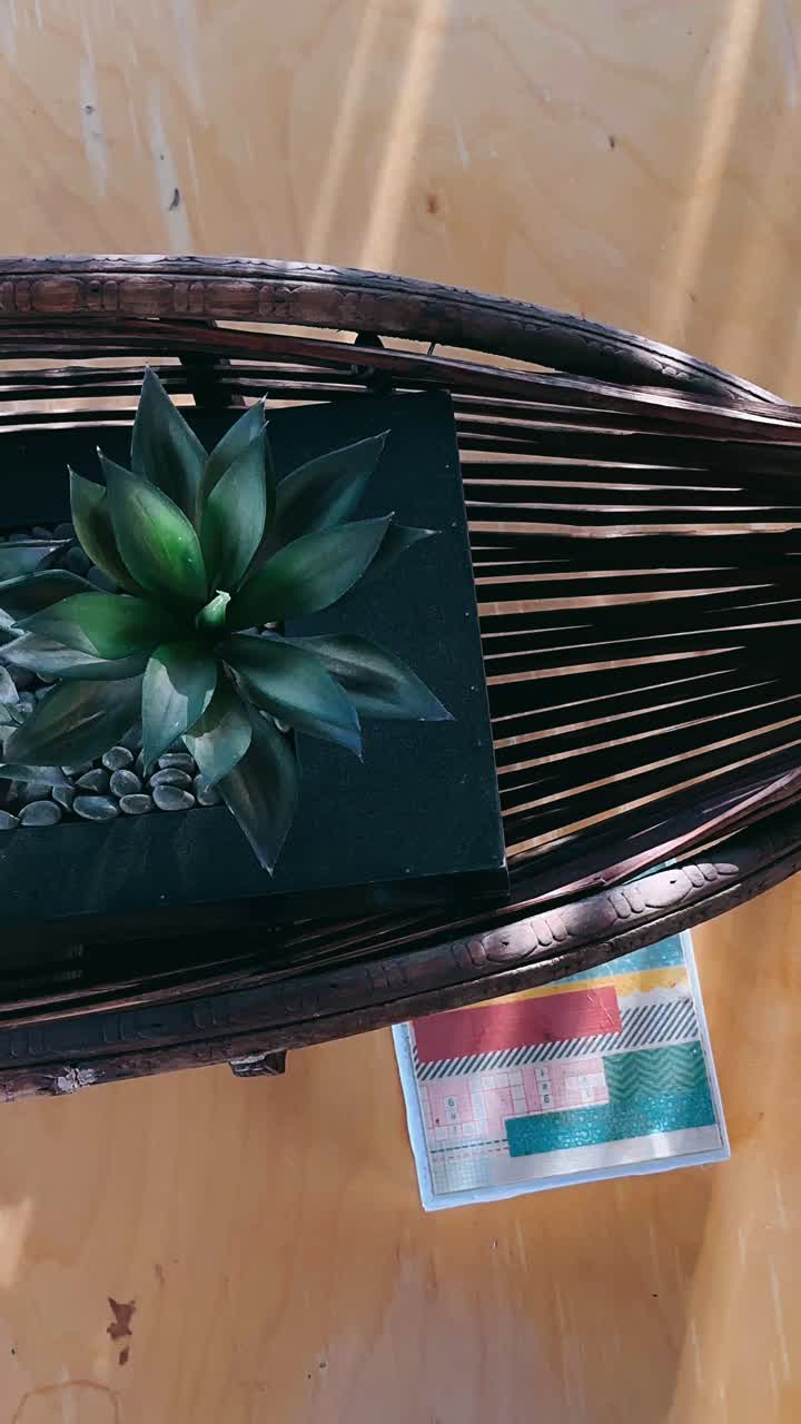 mesa de café de madera rústica con suculenta