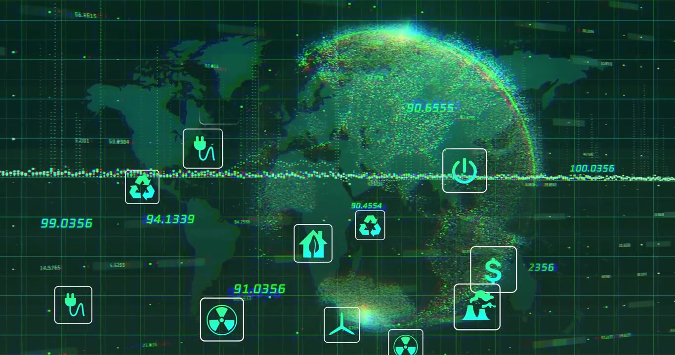 Dashboard unfolding starting particle globe forming, icons rising, settling to show energy data