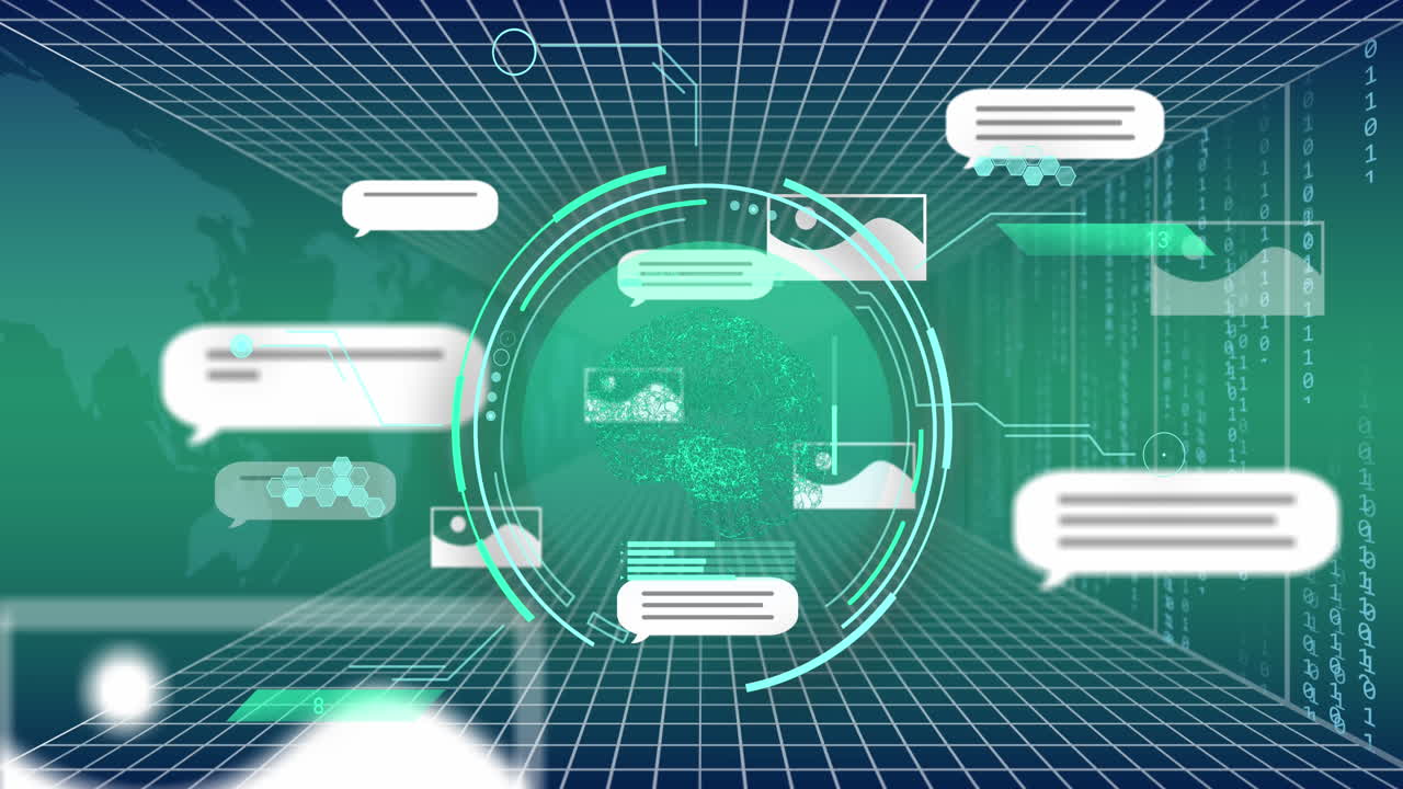 Animation of ai text and icon, data processing over scope