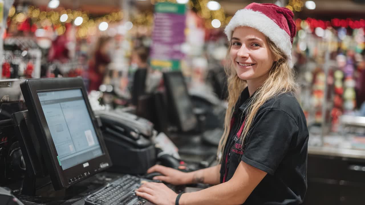 A Holiday Cheerful Cashier Enjoys Her Time at Work, Spreading Festive Spirit While Managing Transactions at a Busy Retail Location