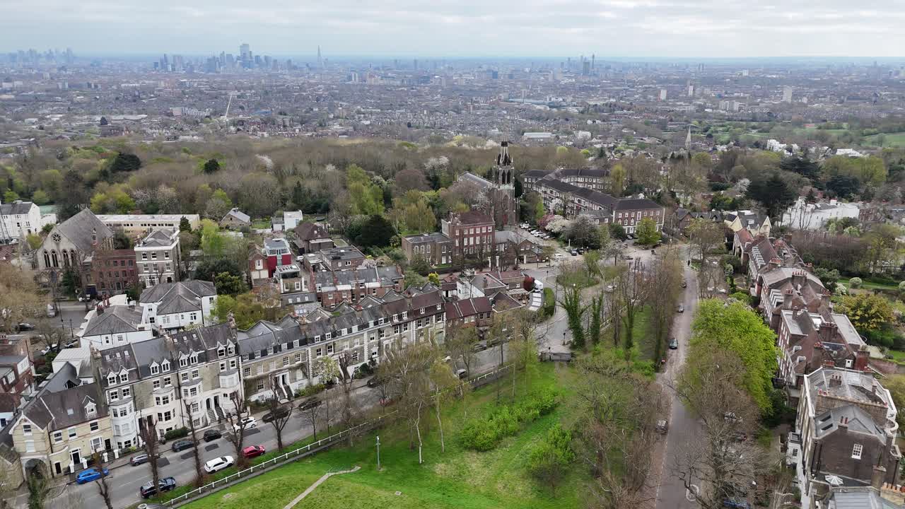 Highgate North London UK drone,aerial London in background