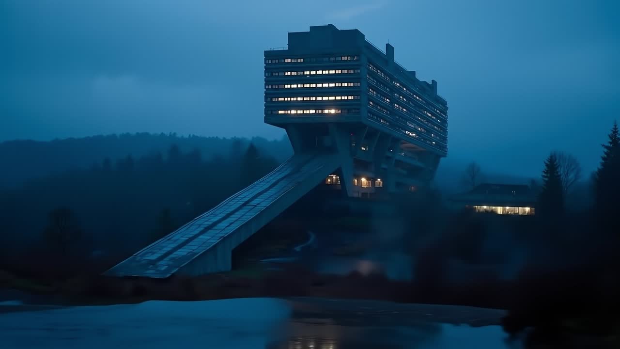 A tall building with a bridge over a river at night
