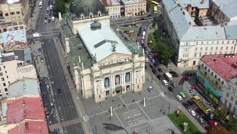 Aerial-of-the-Lviv-National-Academic-Opera-and-Ballet-Theatre-in-Lviv-Ukraine-during-a-summer-day-with-cars-driving-and-old-European-buildings-in-the-background