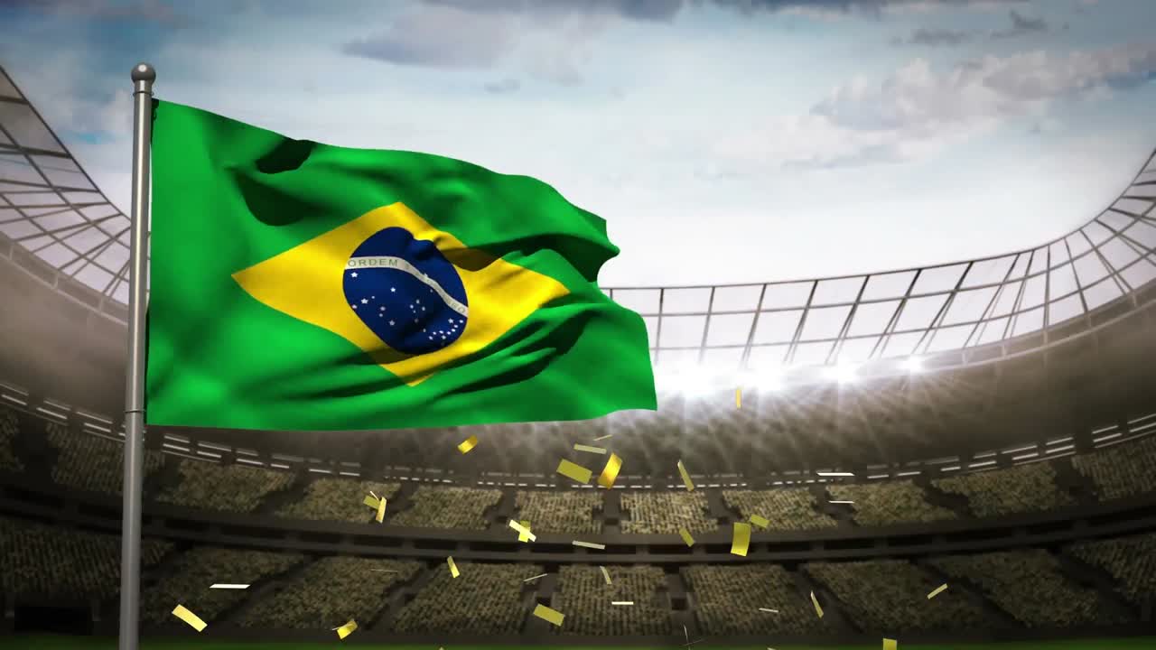 animación de confeti de oro cayendo sobre la bandera de brasil en un estadio deportivo