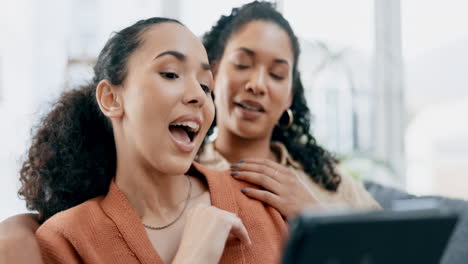 Lesbian,-couple-and-women-talking-with-tablet