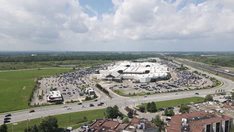 aerial pullback reveals large outlet mall at niagra on the lake, canada