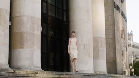 distant view of elegant woman in sunglases