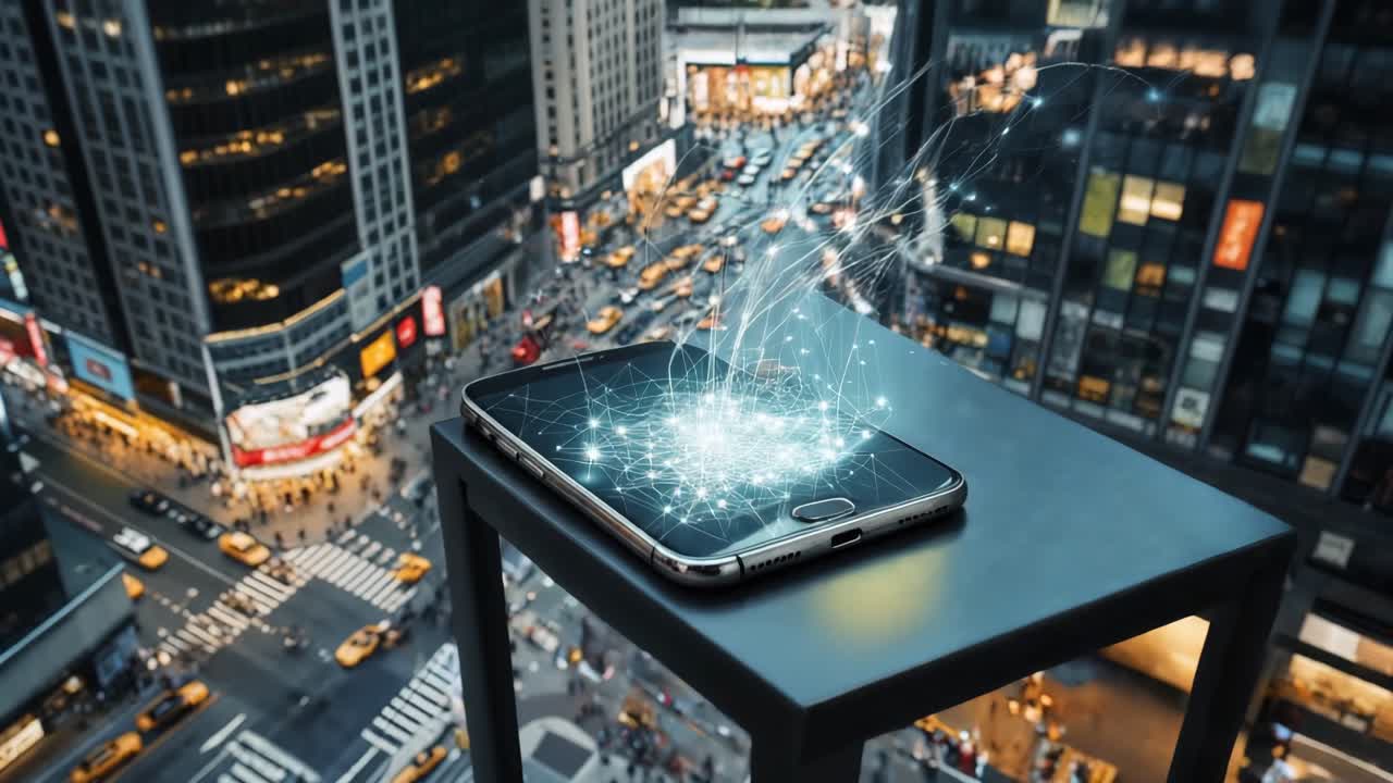 밤에 도시에서 스마트폰