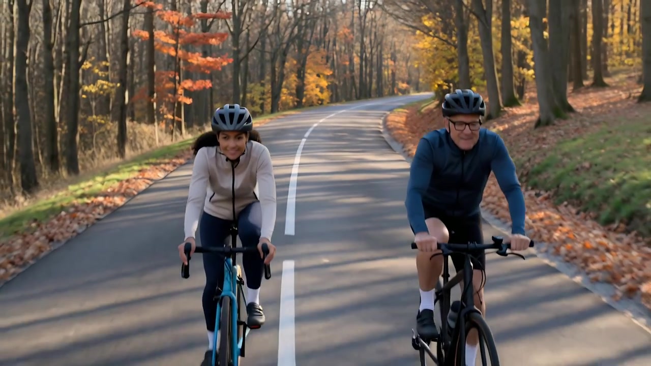 To cyklister kommer til syne og nærmer sig kameraet på en efterårsskovvej, iført hjelme og cykeludstyr for sjov.