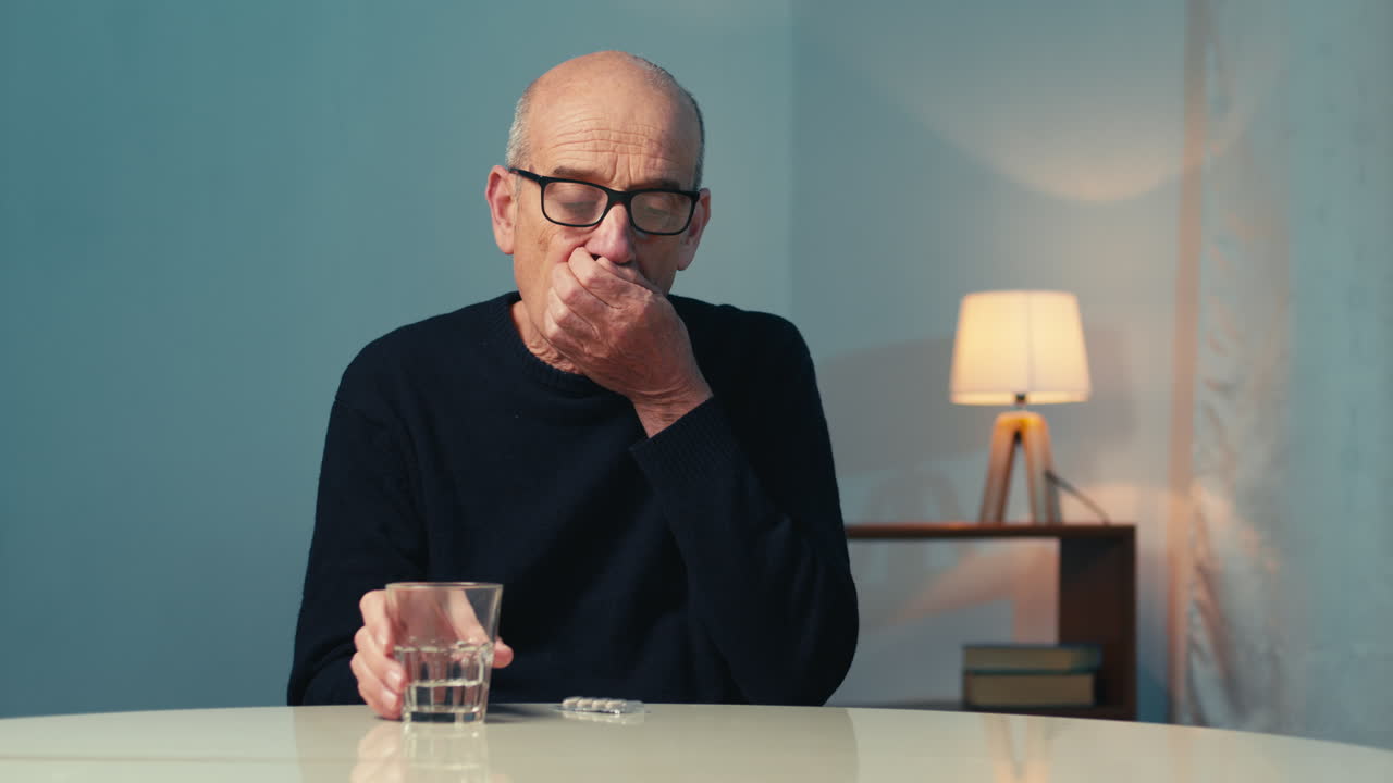 el anciano toma pastillas.