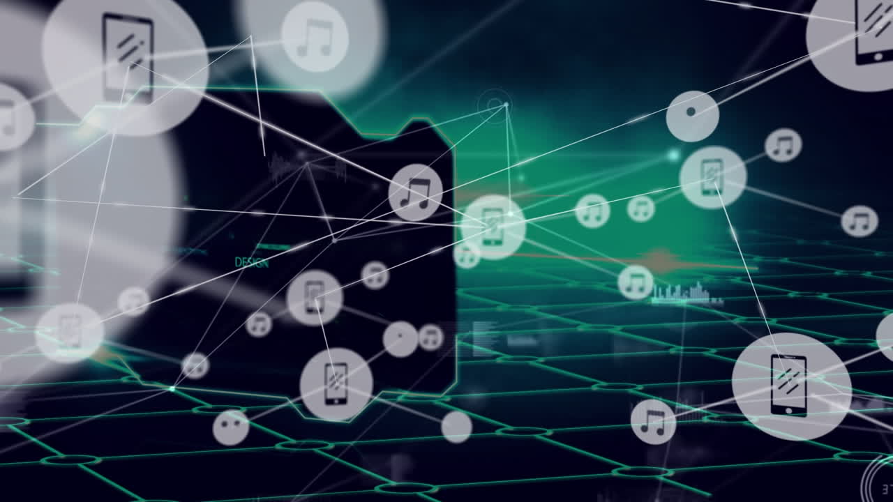 animación de la red de iconos digitales y procesamiento de datos a través de la red de cuadrícula sobre fondo azul.