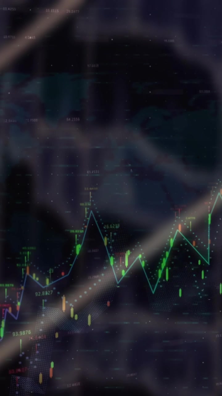 Animazione di elaborazione dati e diagrammi su sfondo nero