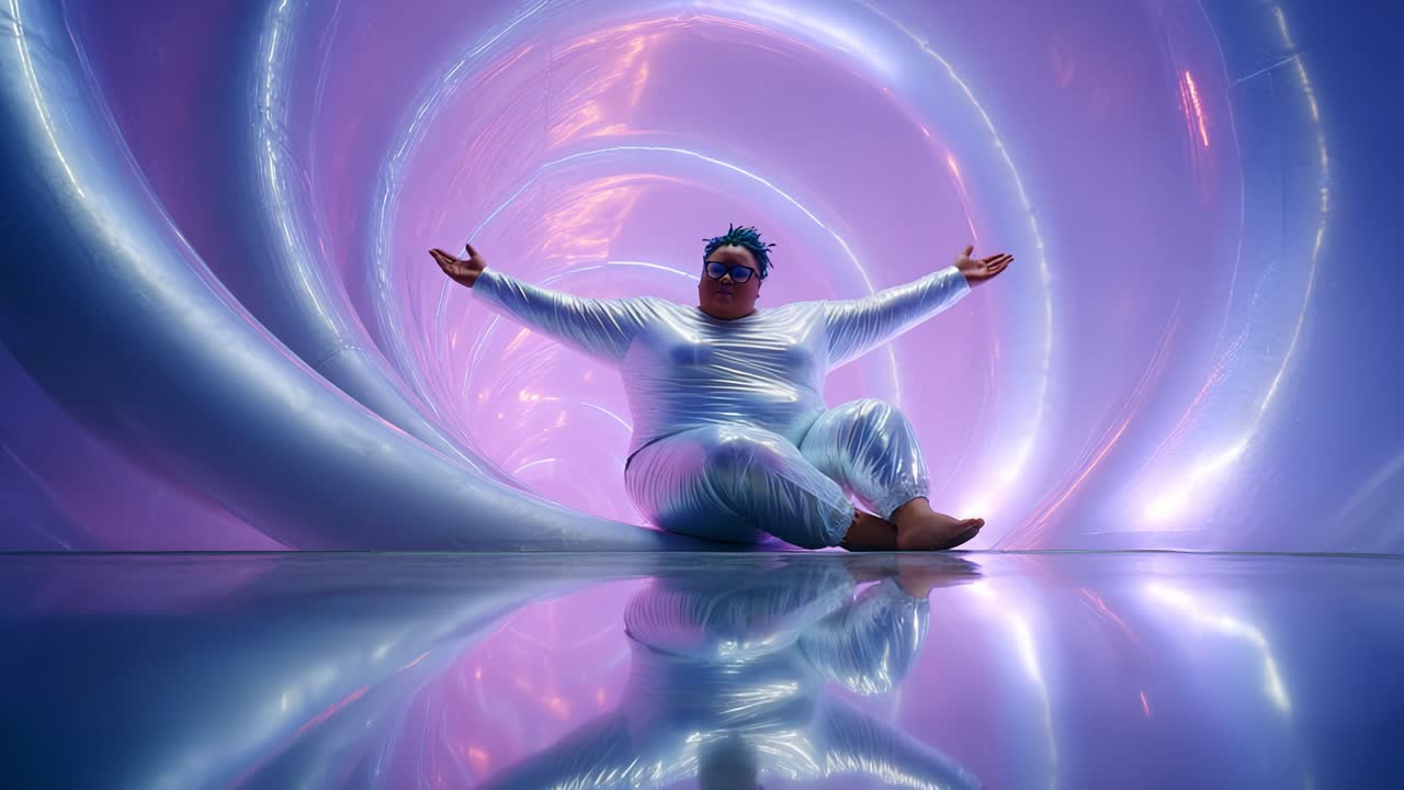 Un accattivante viaggio visivo attraverso un tunnel a spirale ipnotico, che mostra una persona avvolta in abiti riflettenti con luci vivaci, creando un'atmosfera eterea di meraviglia futuristica