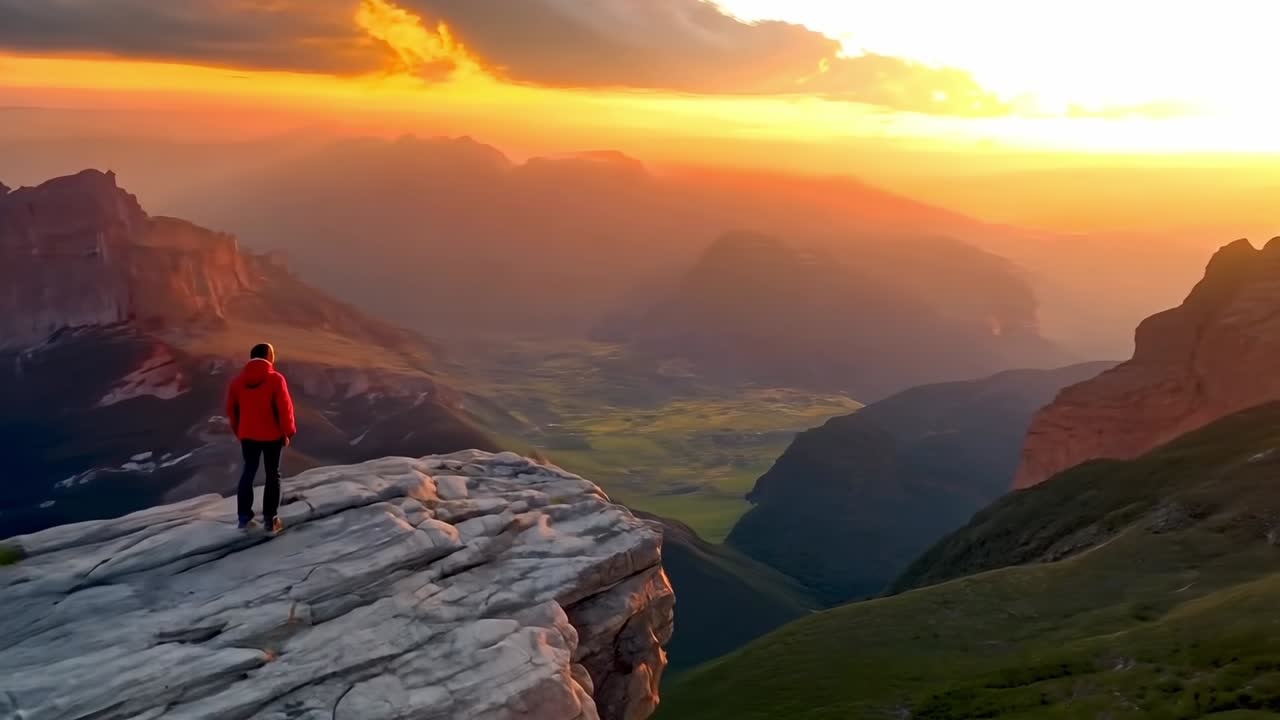 un hombre parado en la cima de un acantilado que domina un valle