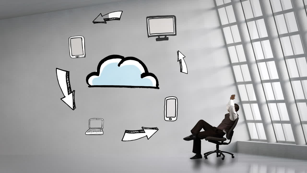 Businessman sitting next to animated electronic devices circling cloud