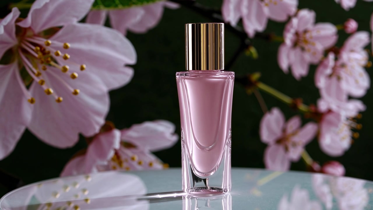 Lussuosa bottiglia di profumo rosa su superficie riflettente con fiori di ciliegio