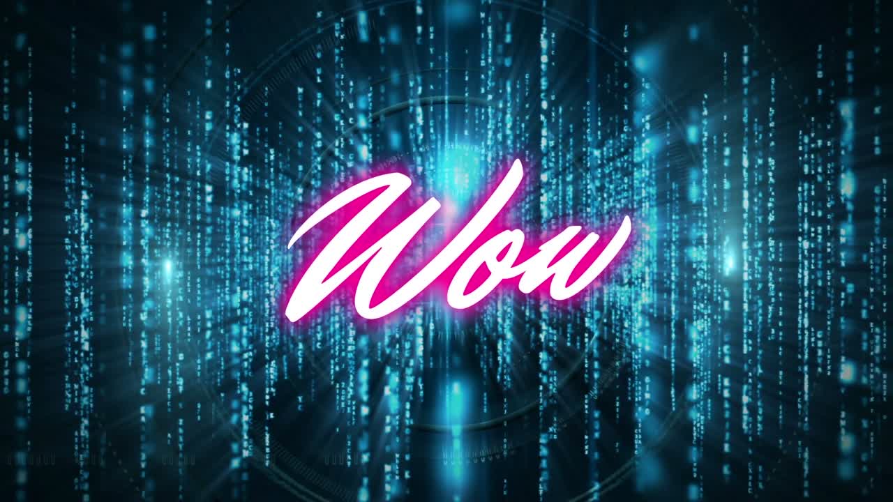 빛과 검은색 배경 위로 '와우'가 나타나는 애니메이션