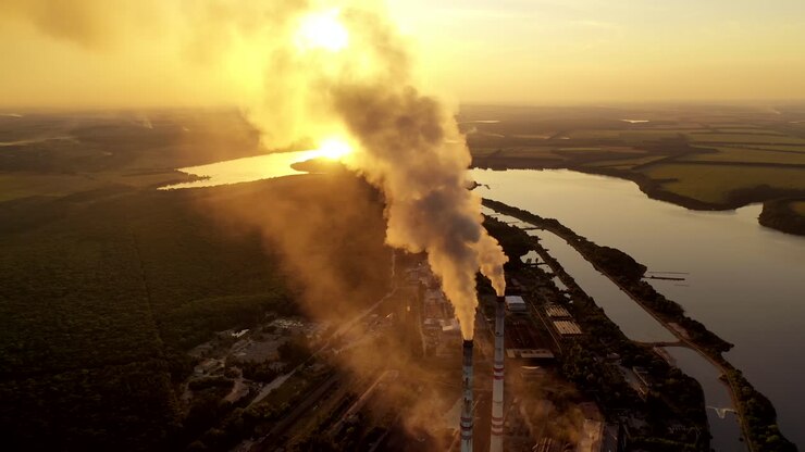 Power factory in nature at sunset. Thick smoke coming out from industrial pipes on the evening river background. Polluting the atmosphere. Aerial view.