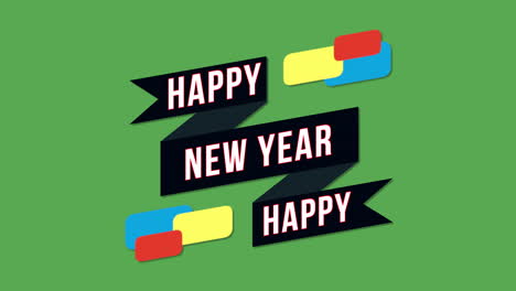 Happy-New-Year-with-ribbon-and-colorful-shapes-on-green-gradient