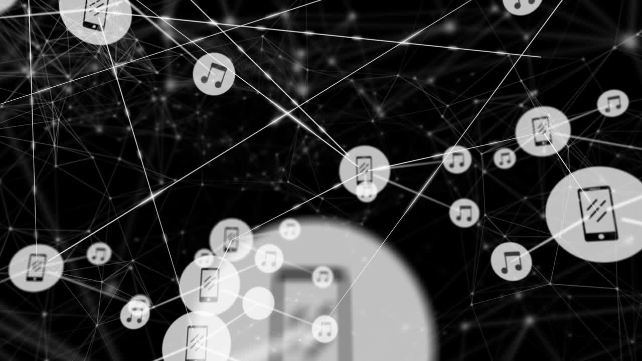 Phone node appearing on black mesh forming digital network nodes linking cam zooming music pairing