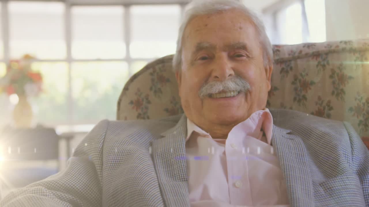 행복 한 노인 의 초상화 위 에 반 ⁇ 이는 빛 의 애니메이션