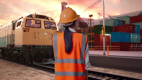back view of asian female engineer with safety helmet talking on smartphone with freight cargo train at port