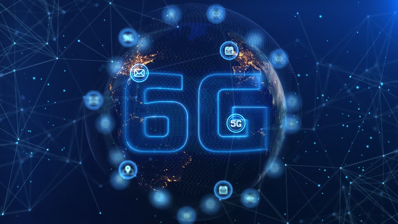 Loop 4K: tecnologia 6G, comunicazione di rete wireless in una città futuristica, connessione 5G ad alta velocità