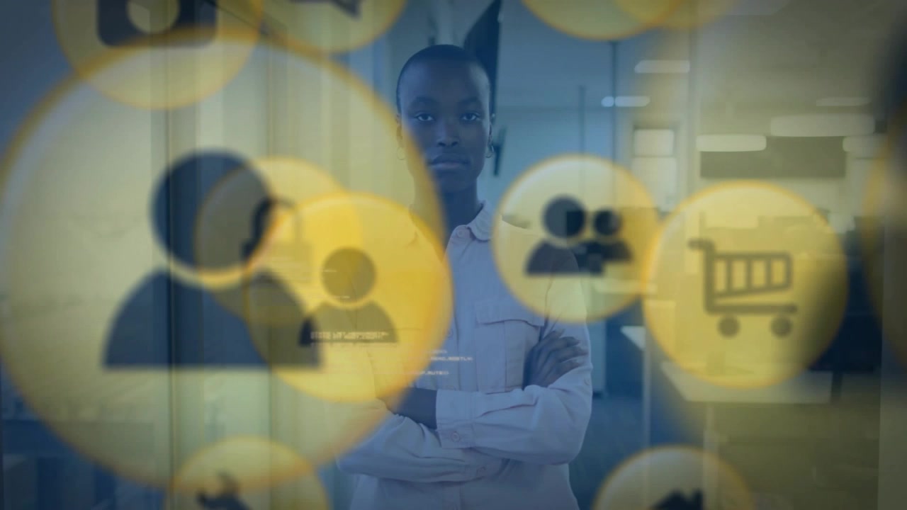Yellow icons drifting and revealing woman standing in office, HUD showing tech use for creators