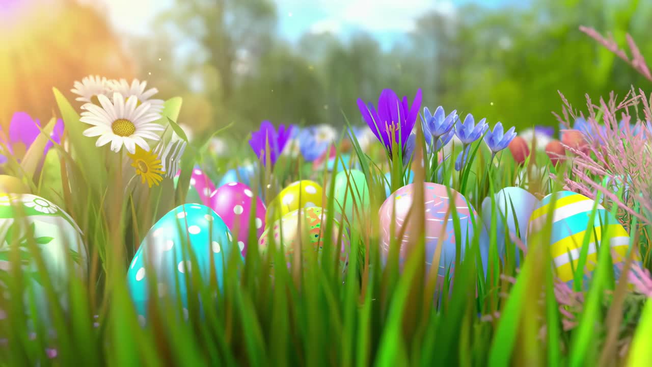 Colorful Easter eggs and flowers in grass, captured from a low-angle