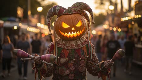 a mysterious pumpkin-clad jester with an eerie grin illuminates the evening festivities, captivating everyone at the fairground under twilight skies