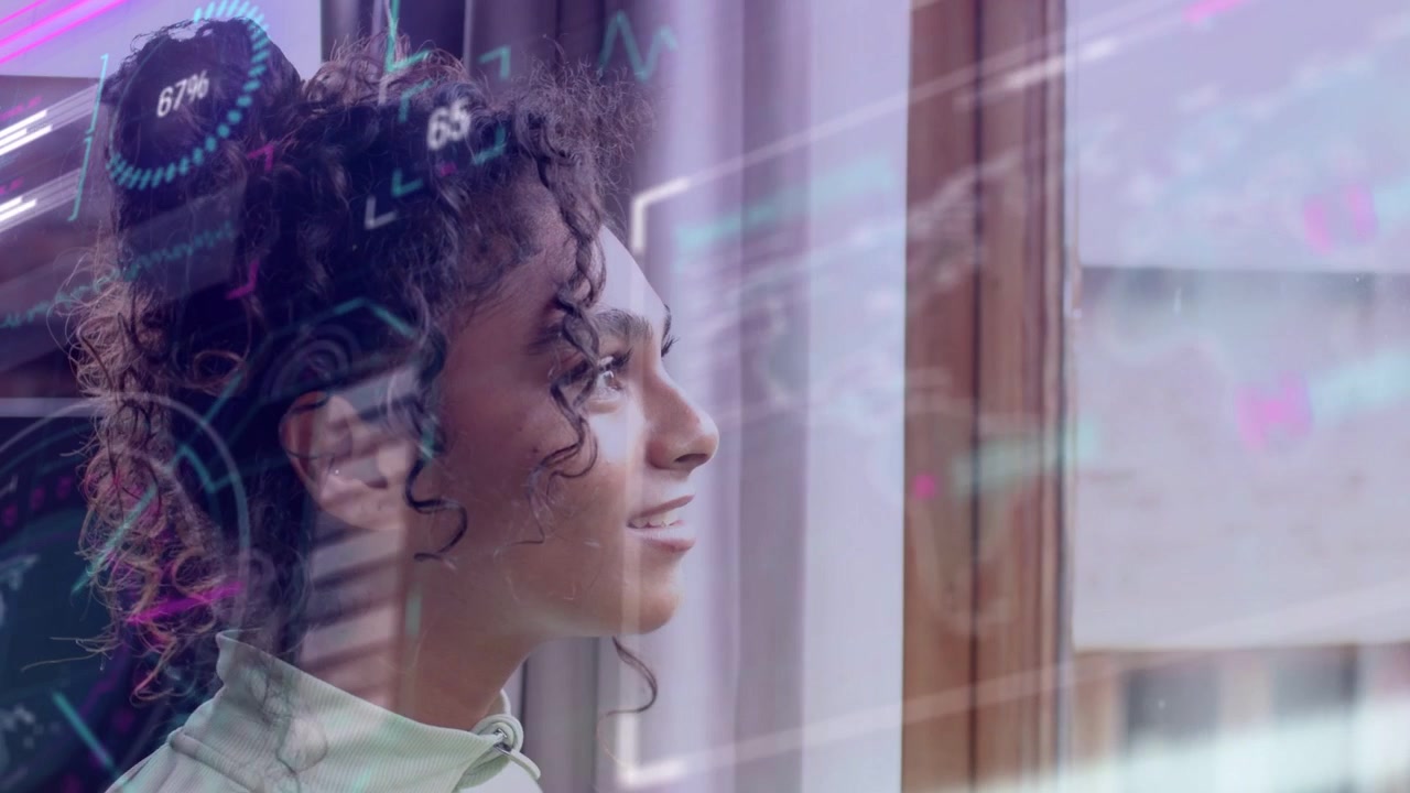 Thoughtful Young Woman Gazing Out Window with Digital Interface Overlay