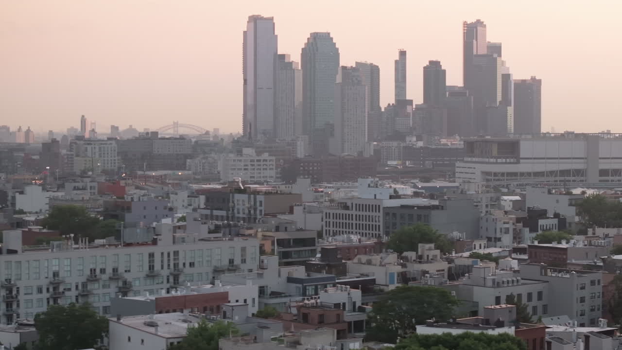 Aerial view of Long Island City, Queens. Shot at sunrise in New York City.