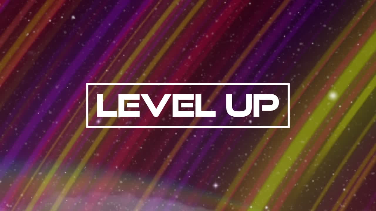 빛나는 별, 색 입자 및 다채로운 빛의 흔적에 대항하여 레벨 업 텍스트 배너의 애니메이션