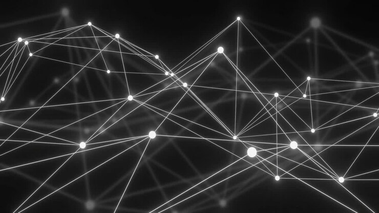 Animazione di una rete di connessioni con nodi luminosi su sfondo nero.