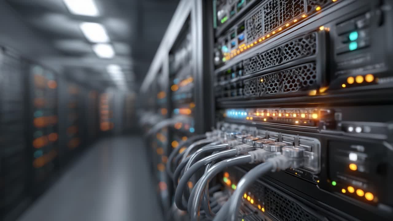 A Detailed View of a Server Room Featuring High-Density Racks with Illuminated Network Cables in a Dark Environment, Showcasing Modern Data Infrastructure and Connectivity