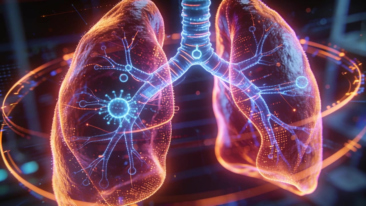 Avvio scansione: polmoni olografici ruotano, bronchi pulsano in laboratorio, indicando una lesione sinistra per la diagnosi.