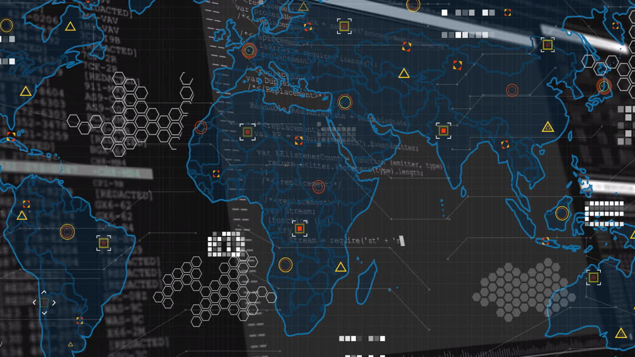 Animation showing digital world map with data points and network connections