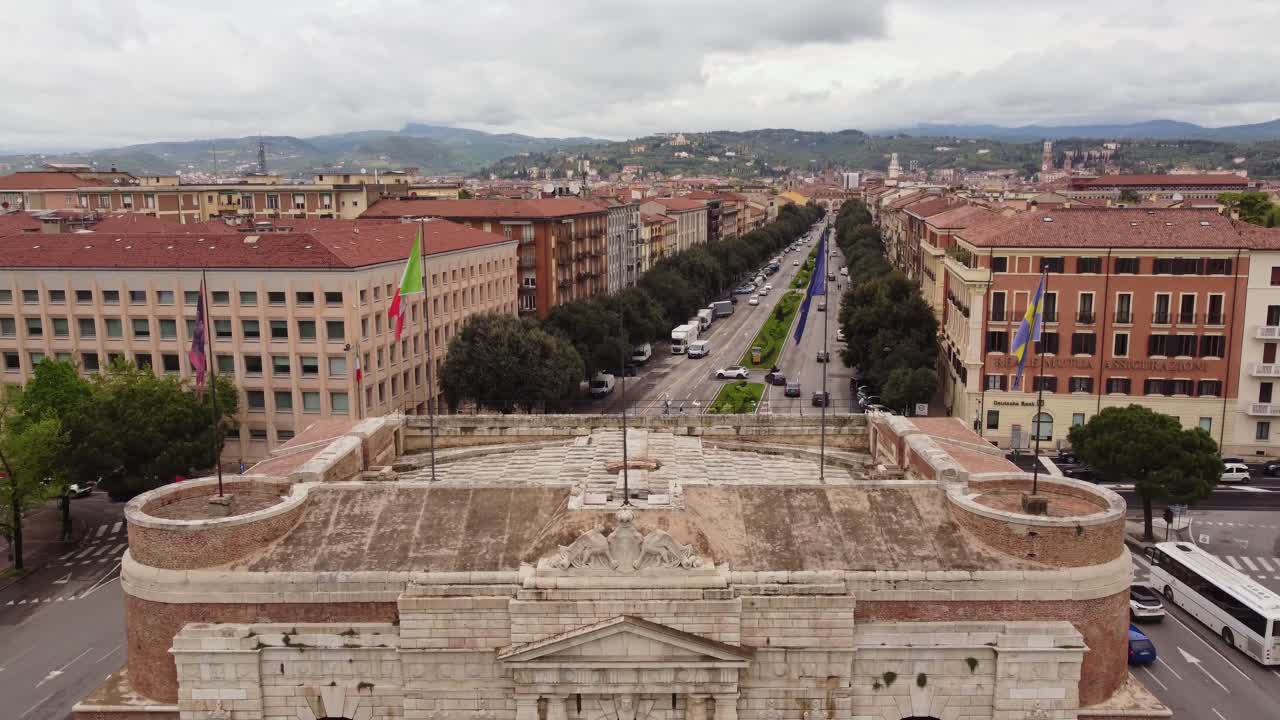 Porta Nuova, Stone Defense Gate To The Historic Center Of Verona In Italy. - aerial shot
