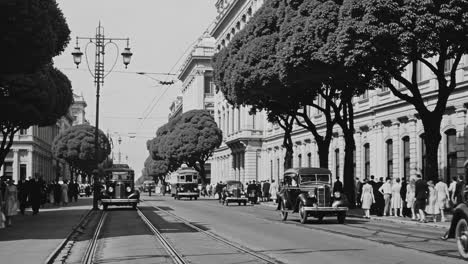black and white video of a bustling 1940s city street, captured from a low angle, showcasing vintage