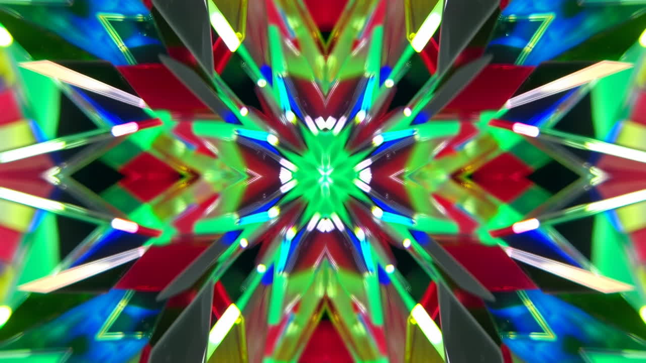 Caleidoscópio Vibrante de Luzes Coloridas, Explosão Geométrica Espelhada com Verdes Neon, Vermelhos, Azuis, Girando.