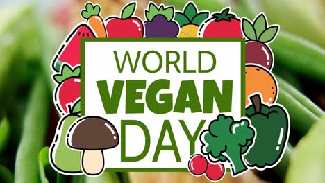 animation of vegetables and fruits around world vegan day over raw and cooked vegetables