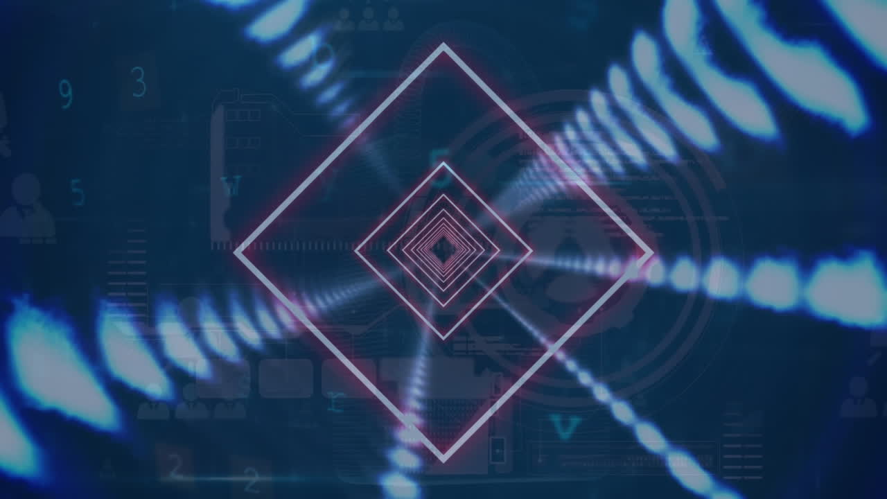 프로그래밍 언어를 통해 추상적인 불빛으로 루프로 움직이는 조명된 사각형의 애니메이션