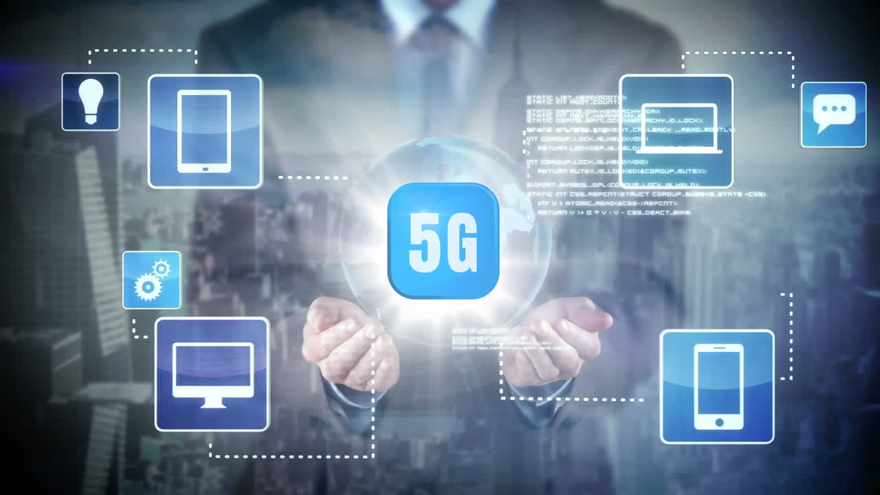 Mid-section of businessman holding 5g button