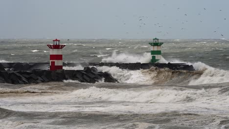 stormy weather at the harbor with lighthouses