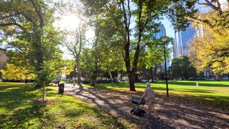 person walking in sunny melbourne park