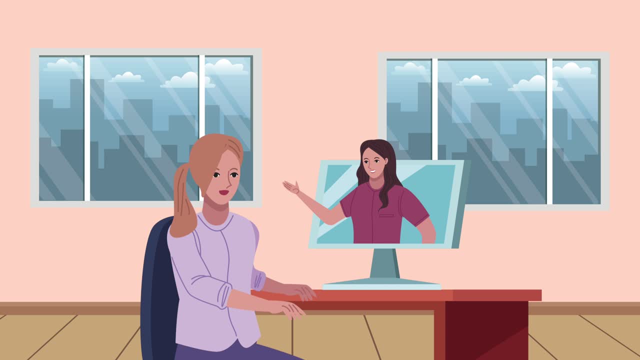 elegant businesswomen workers with desktop animation